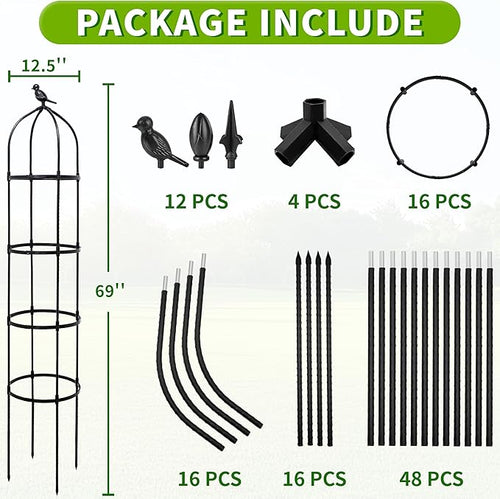4-Pack 6FT Garden Obelisk Trellis for Climbing Plants,Adjustable 4-Tier Metal Plant Support,Rustproof Outdoor Plant Tower with 3 Decorative Tops for Roses,Tomatoes,Clematis & Vines,Black