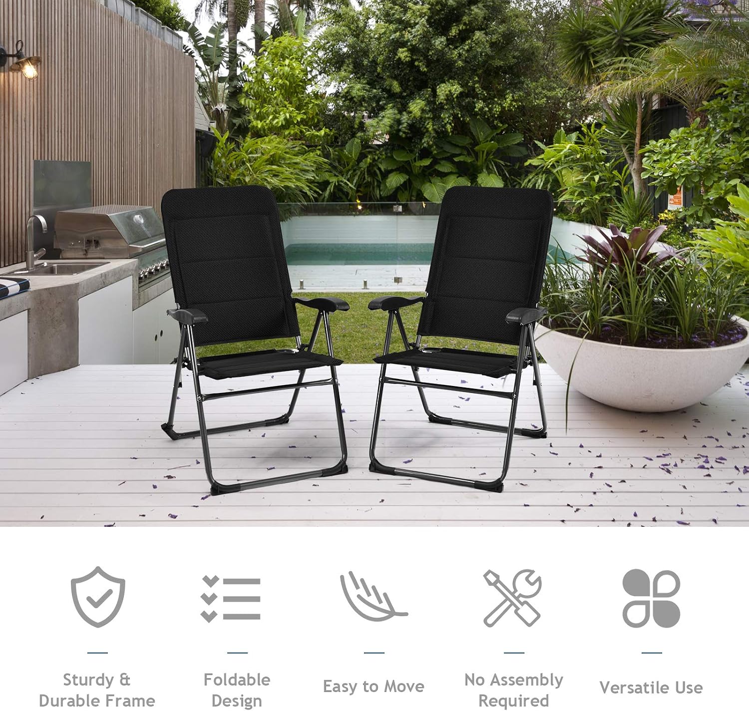DORTALA 2-Piece Foldable Patio Chairs, Folding Chairs w/Adjustable Backrest, Outdoor Sling Chairs for Deck, Backyard, Bistro, 300 lbs Capacity, Set of 2, Black