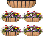 24“ Window Box Railing Planter with Coco Liner Metal Wall-Mounted Coconut Liner Planter Basket English Horse Trough Planters for Outdoor Deck Balcony Porch Fence Patio Black (4 Pack)
