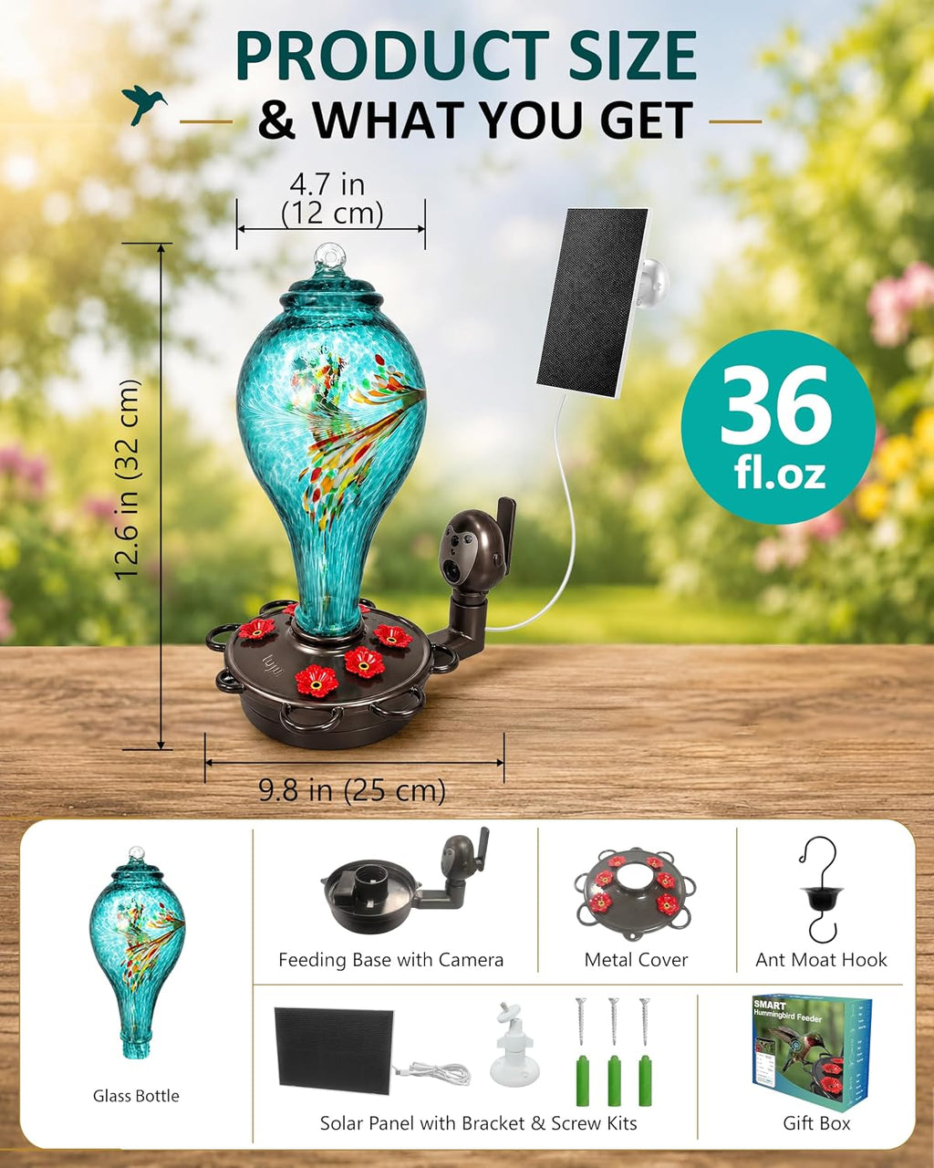 LUJII Smart Hummingbird Feeder with Camera for Outdoor Hanging, Hand Blown Glass, Solar WiFi Feeder with Live View App, 6 Feeding Ports, Leak-Resistant Design, Ant Moat & Gift Box, 36 fl oz, Teal