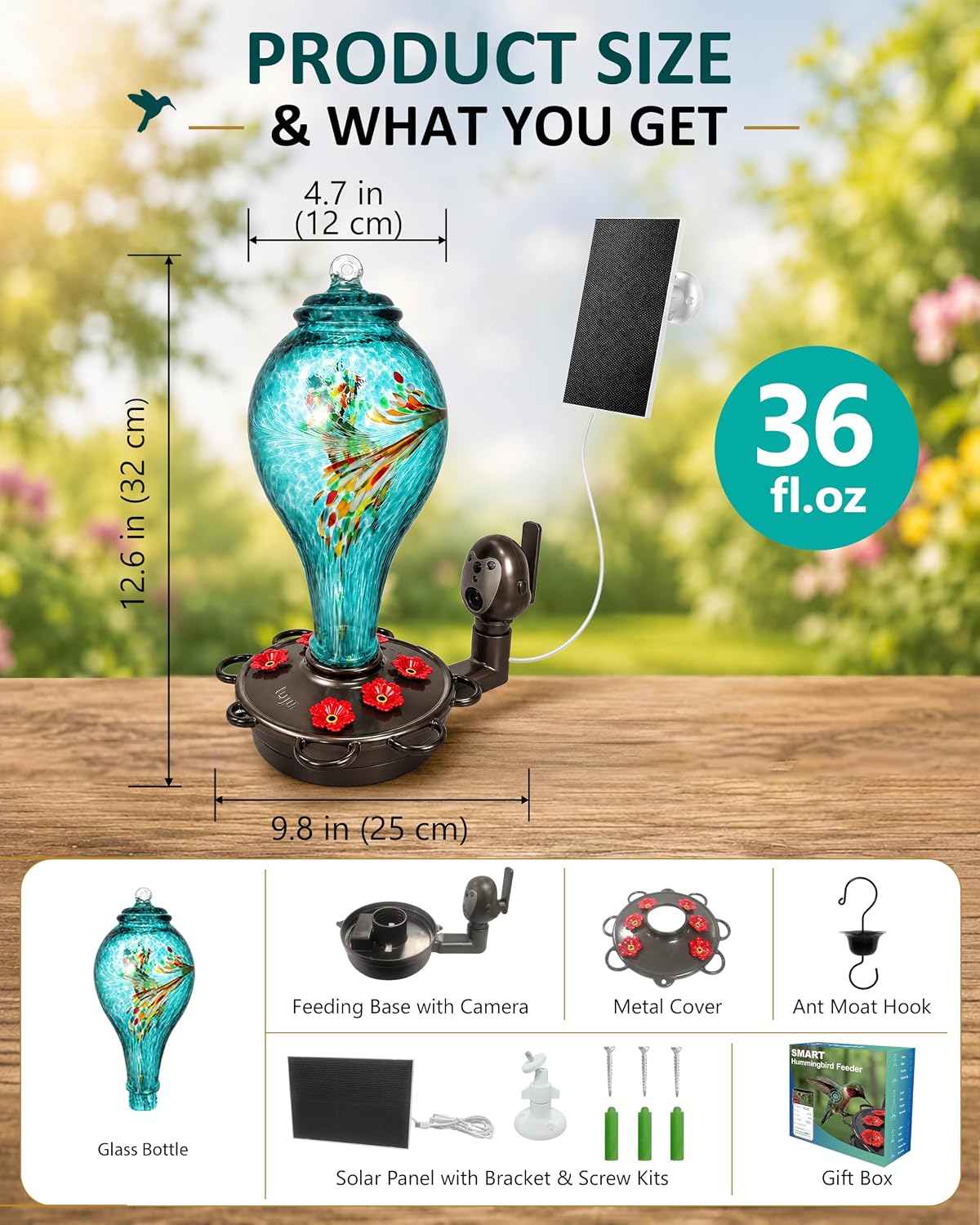 LUJII Smart Hummingbird Feeder with Camera for Outdoor Hanging, Hand Blown Glass, Solar WiFi Feeder with Live View App, 6 Feeding Ports, Leak-Resistant Design, Ant Moat & Gift Box, 36 fl oz, Teal