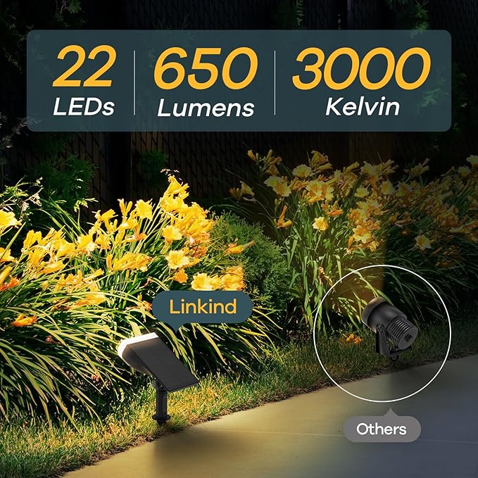 Linkind Solar Lights Outdoor Waterproof IP65, StarRay Dusk-to-Dawn Outdoor Solar Lights, 3 Lighting Modes Solar Spot Lights Outdoor for Garden, Yard, Landscape (Warm White, 6 Pack)