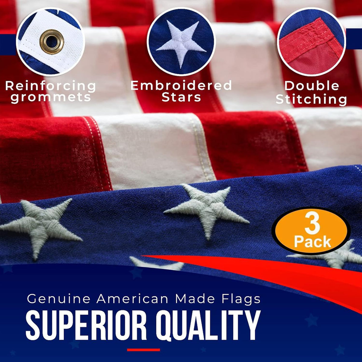 american flags for outside 3x5 (pack of 3), close-up detail