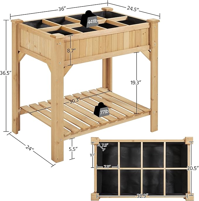Yaheetech 36x25x37 Inch Raised Garden Bed 8 Pocket Herbs Outdoor Horticulture Garden Planter Vegetable Standing Planters Boxes with Grow Grid