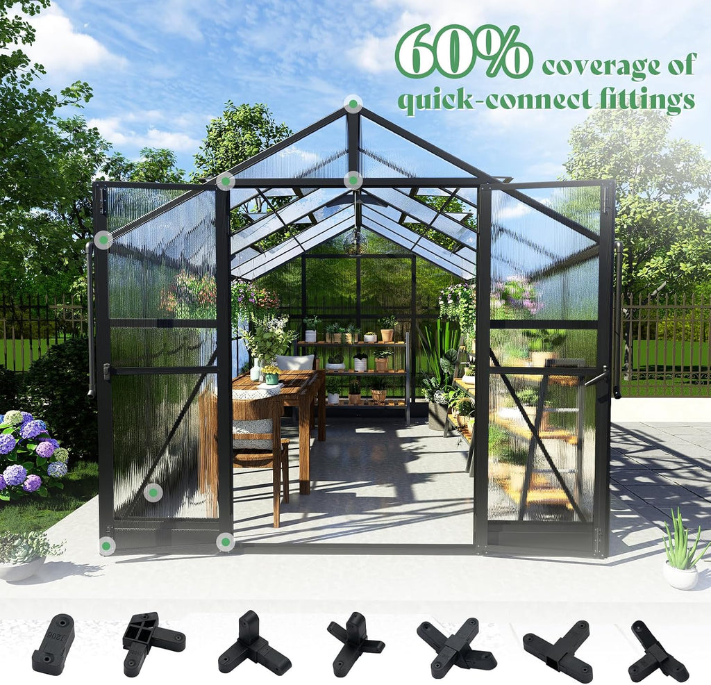 amerlife 8x12x7ft polycarbonate greenhouse, walk in greenhouse with, close-up detail