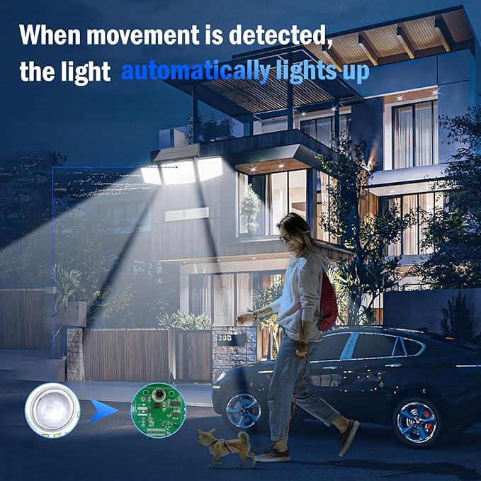 2500LM Solar Lights Outdoor with Motion Sensor,3 Head 270° Wide Angle Street Area Lights, IP65 Waterproof Security Lighting with 3 Modes(Non-Remote,2 Pcs)