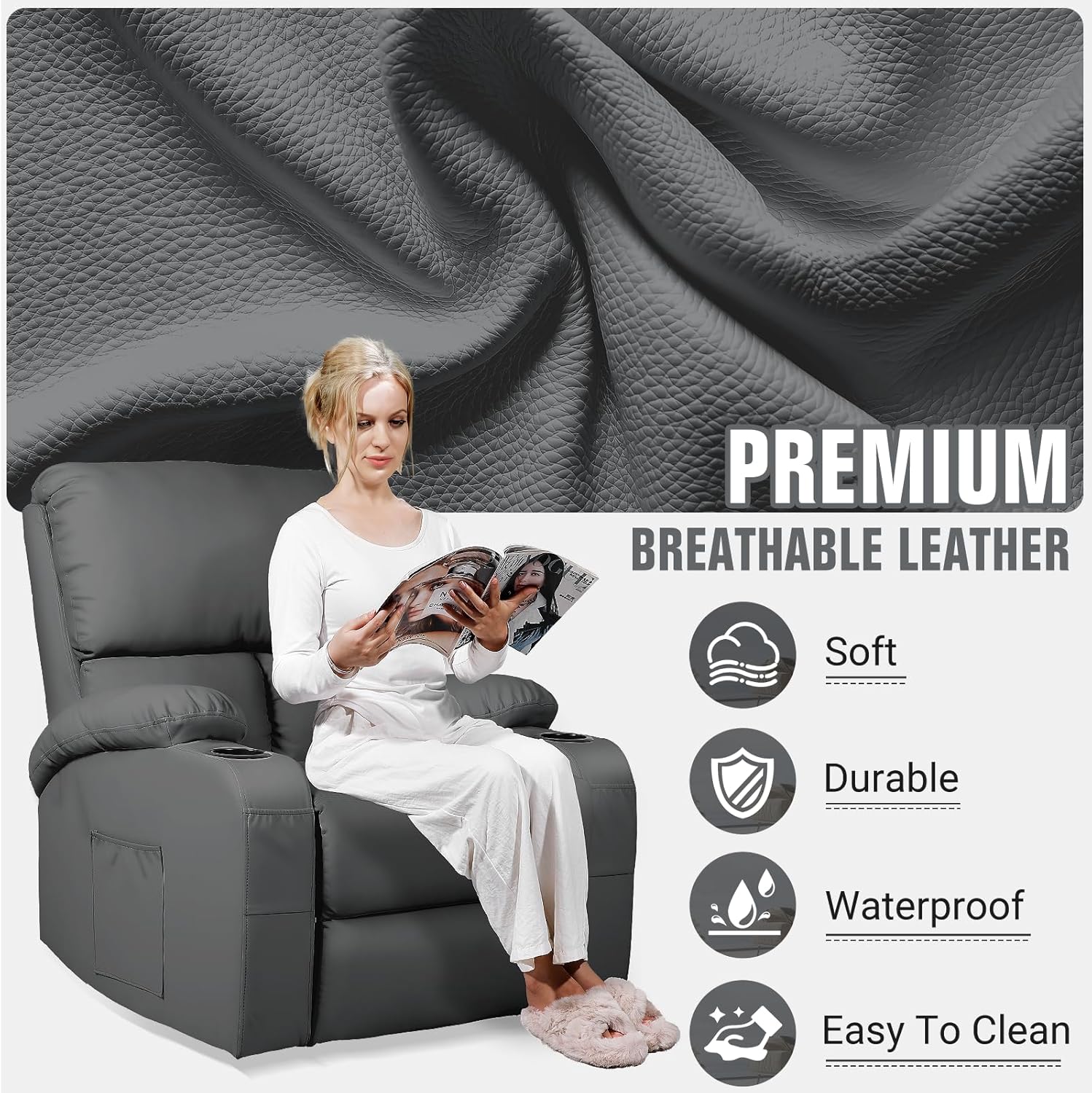 Rocking Recliner Chair, Massage Rocker Recliner Chair with Vibration Massage and Heat, 360° Swivel Faux Leather Chairs, Living Room, Bedroom, Nursery, RV, Dark Grey