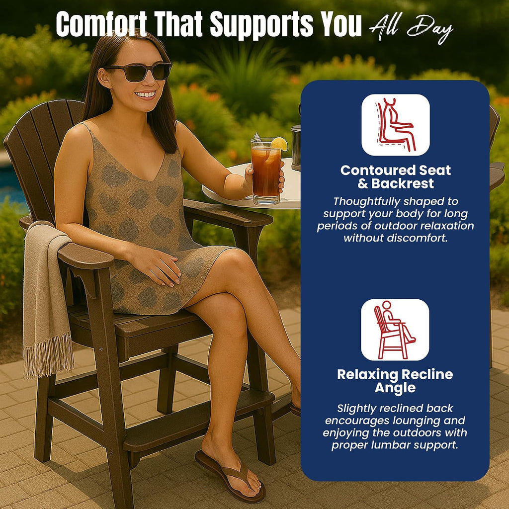 Tall Adirondack Chair - HDPE Outdoor Furniture - Poly Adirondack Bar Stool - Heavy, Stress Free Furniture for Balcony, Deck, Patio, Front Porch, Brown