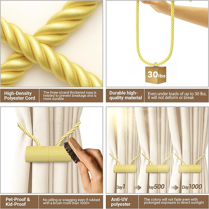 Hion Magnetic Curtain Tiebacks Golden 4 Pack, Curtain Tiebacks Buckles Holdbacks Holders Hooks Clip for Home Bedroom Office Decorative Thick or Thin Curtain