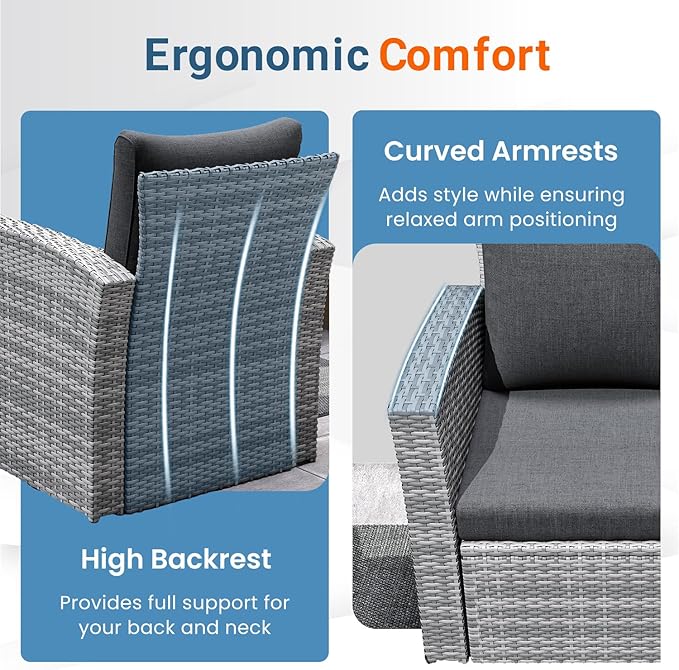 Wisteria Lane 5 Piece Patio Furniture Set, Wicker Outdoor Patio Conversation Furniture Set, All Weather Outdoor Patio Sofa with Cushion and Glass Table, Dark Grey