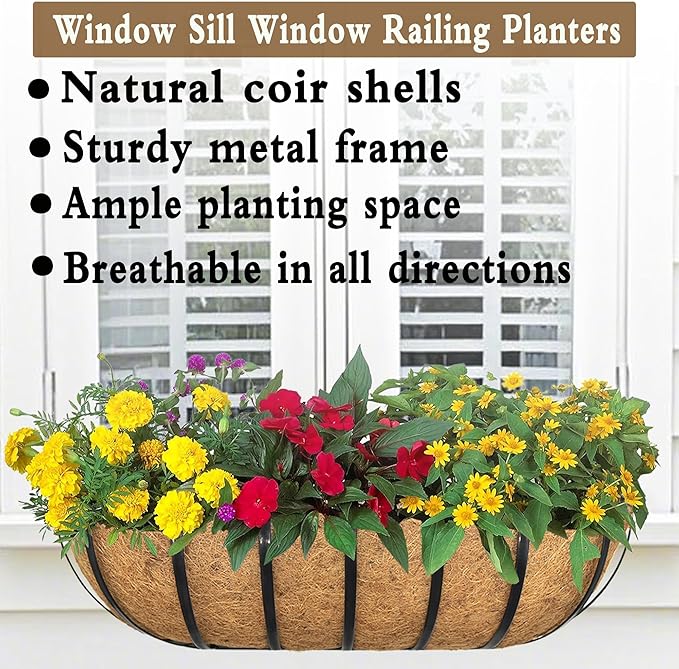 4pack 16-inch Window Sill Window Railing Planters with Cocoa Liner for Outdoor Balconies, Porches, Fences, Patio Railings