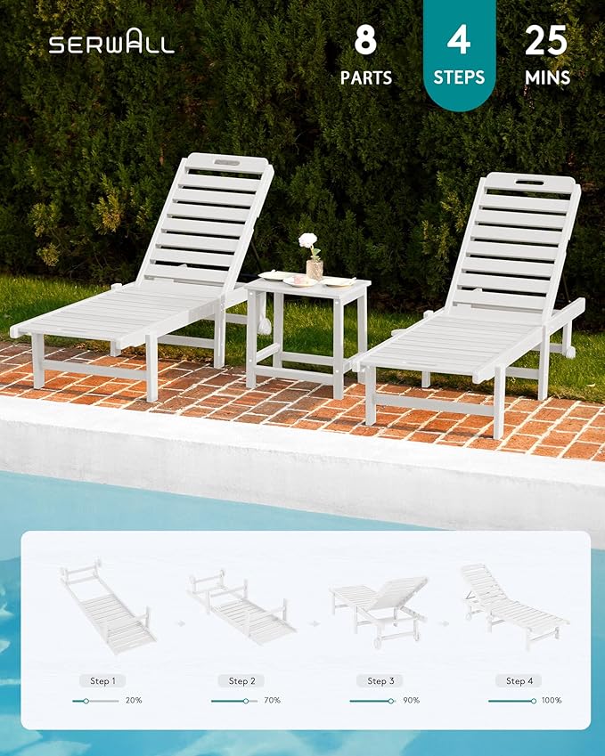 SERWALL Outdoor Chaise Lounge Set of 2 with 9FT Patio Umbrella, HDPE Pool Lounge Chair with 5-Position Adjustable Backrest, Patio Lounger with Rolling Wheels & Cup Holder for Pool, White