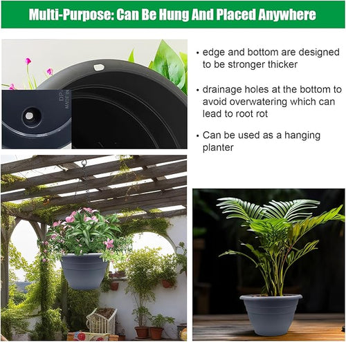 5 Pack 10 Inch Plant Pots for Indoor Outdoor,Plastic Floor Planters with Drainage Holes,Lightweight Flower Pots for Home,Patio & Garden(Grey)