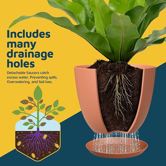 Terracotta Plant Pots with Drainage Holes & Saucers 10 Pack, Indoor & Outdoor Stackable Space-Saving Planters for Houseplants & Flowers, (7", 6.7", 6", 5.3", and 4.8" Inches), Durable & Weatherproof