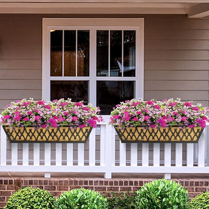 2 Pack 30 Inch Window Boxes Planters Railing Planter Box with Adjustable Brackets for Porch Fence Patio Balcony Hanging Flower Baskets with Coco Liners for Outdoor Garden Decor - Black