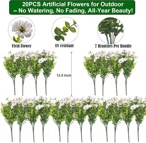 20 Bundles Artificial Flowers for Outdoors, UV Resistant Fake Plants Flowers Greenery Shrubs Plants for Decoration Outside Plants Hanging Planter Home Garden Decor (White)