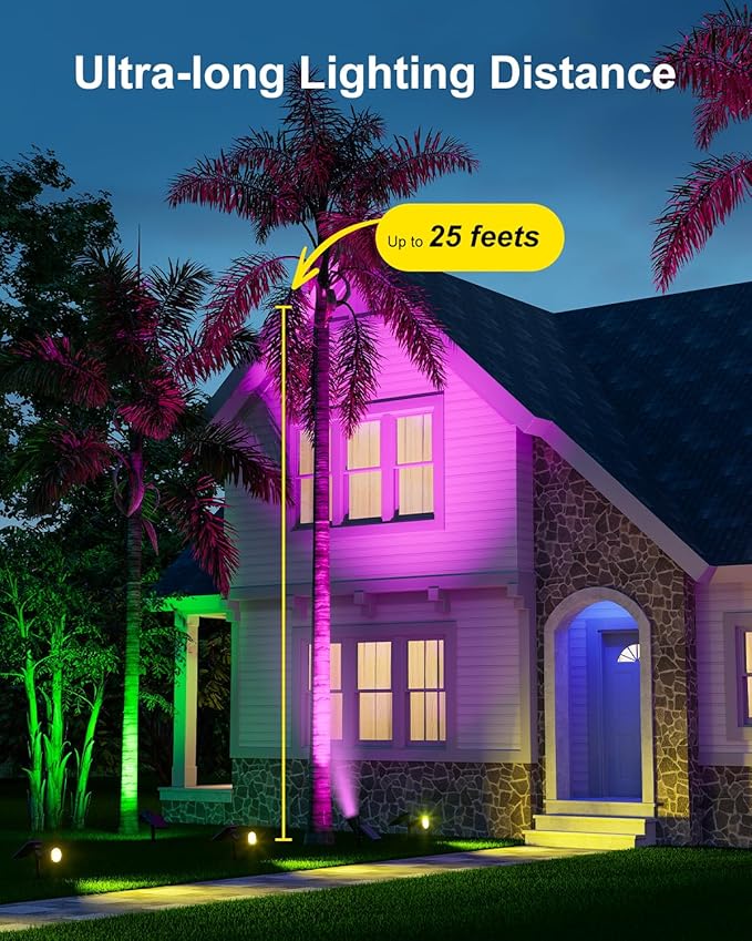Color Changing Solar Spotlights Outdoor for Tree, Flower, Plant, Statue, Decorations, Wall, Waterproof Rainbow Lanscape Spot Lights for House Outside, Yard, Garden, Patio, 8 Coloful Uplighting Modes