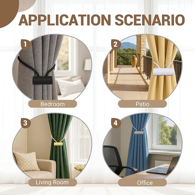 Hion Magnetic Curtain Tiebacks White 2pcs, Curtain Tiebacks Buckles Holdbacks Holders Hooks Clip for Home Bedroom Office Decorative Curtain