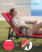 Ciokea Outdoor Lounge Chair with Pillow Set of 2, 5-Position Aluminum Chaise Lounge with Wheels & Armrests, 400 lbs Heavy Duty Patio Pool Chair for Backyard, Deck, Beach & Poolside, Red