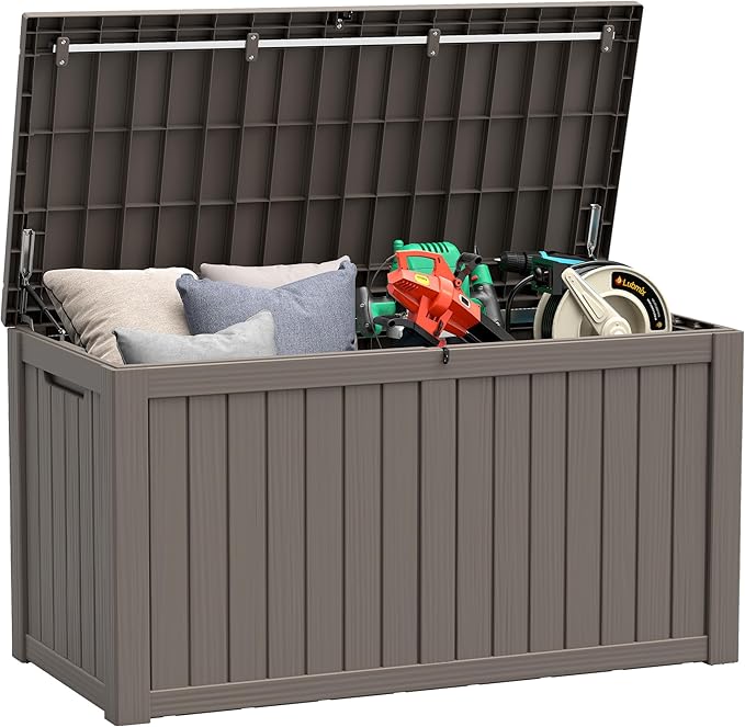 Outdoor Storage Box, Resin Deck Boxes Indoor and outdoor, Waterproof Storage Box Lockable Lid (Grey, 180 Gallon)