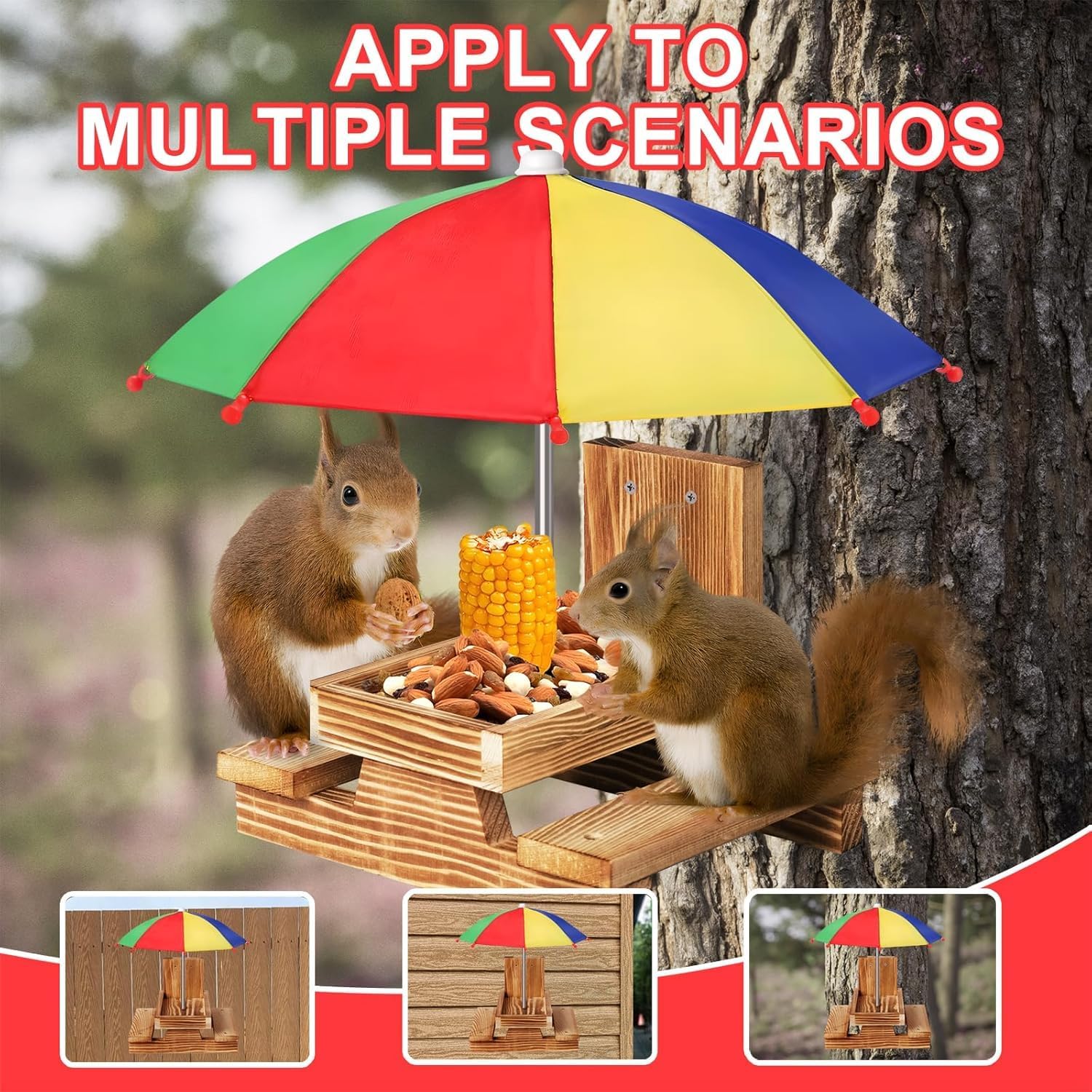 Gnodary Squirrel Feeder with Umbrella, Squirrel Feeders for Outside, Squirrel Picnic Table Feeder - Chipmunk Feeder Hold Corn, Corn Cob, Peanuts Style2 (Multiple Color)
