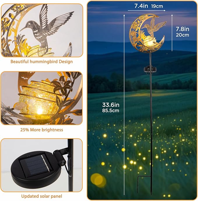 Solar Hummingbird Lights Outdoor Decor - Moon & Bird SolaGardenLights Waterproof, Auto On/Off Pathway Lighting for Yard/Lawn/Patio, Handcrafted Metal Solar-Stake-Lights for Outside Decorations