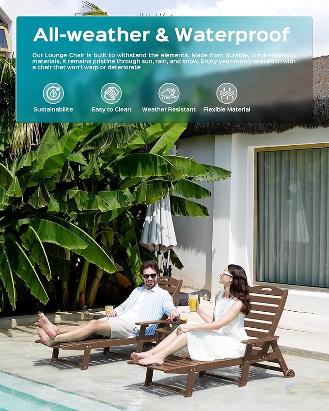 Ciokea Lounge Chair Outdoor, Oversized Chaise Lounge Chair with 5 Positions, HDPE, Patio Lounge Chair with Wheels & Cup Holder for Pool, Deck, Poolside, Dark Brown