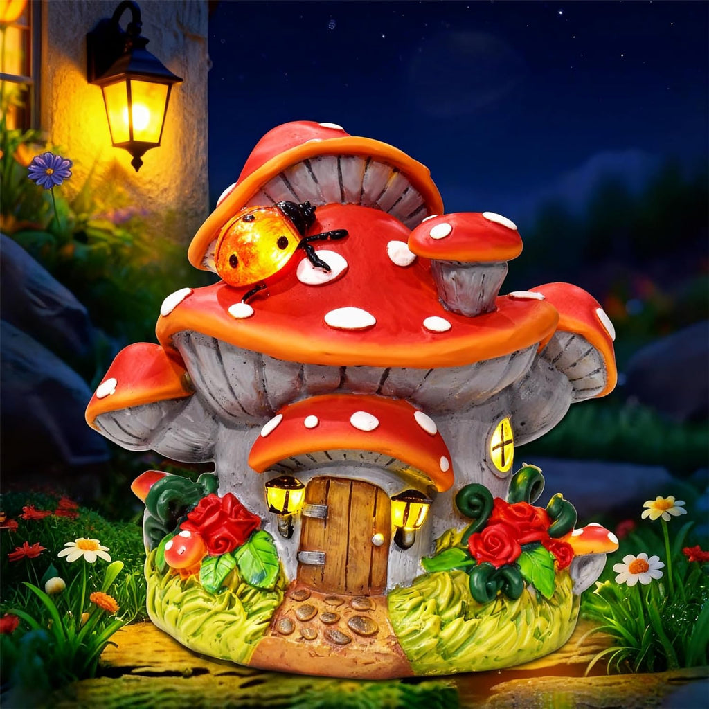 WINTS Solar Mushroom House Statue,Fairy Garden Houses with Solar Lights, Outdoor Mushroom Garden Statue Decoration for Fairy House, Outside Lawn Yard Patio, Gifts for Mom