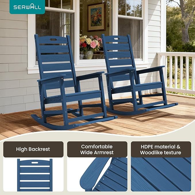 SERWALL Outdoor Rocking Chair Set of 4, Oversized HDPE Patio Rocking Chair with Footrest for Adults, All Weather Porch Rocker for Deck Patio Balcony, Navy