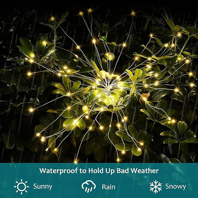 JJGoo Solar Firework Lights, 4 Pack 120 LEDs 2 Lighting Modes Solar Garden Lights Outdoor Waterproof for Yard Patio Walkway Pathway Party Wedding Christmas Decorative - Warm White