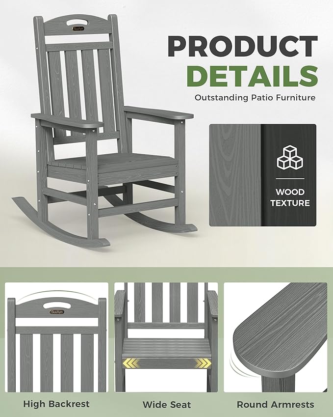 Oversized Rocking Chair Outdoor, High Back Porch Rocker Chair, HDPE All Weather Resistant Rocking Chairs for Patio, 380lbs Weight Capacity, Grey