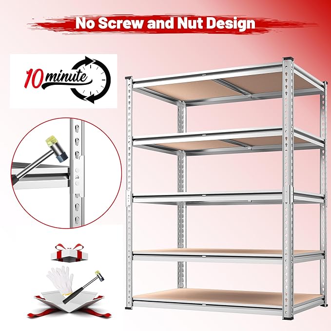 REIBII 2020LBS Garage Shelving Heavy Duty Metal Shelving 5 Tier Storage Shelves, Garage Shelves for Basement, Warehouse, Pantry, Closet, Kitchen, 72" H x 35.55" W x 16" D, Galvanized, 2 Pack