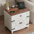 Farmhouse End Table with Charging Station, 24inch White Nightstand with Door and Storage Cabinet, Bedside End Table with Adjustable Shelf, Wood Bedside Table, Night Stand for Living Room and Bedroom