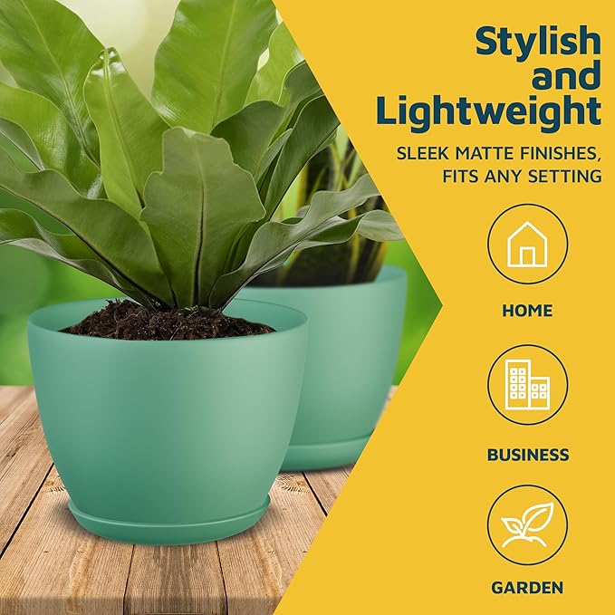 Mint Plant Pots with Drainage Holes & Saucers 3 Pack, Indoor & Outdoor Stackable Space-Saving Planters for Houseplants & Flowers, (7", 6.7", and 6" Inches), Durable & Weatherproof Materials