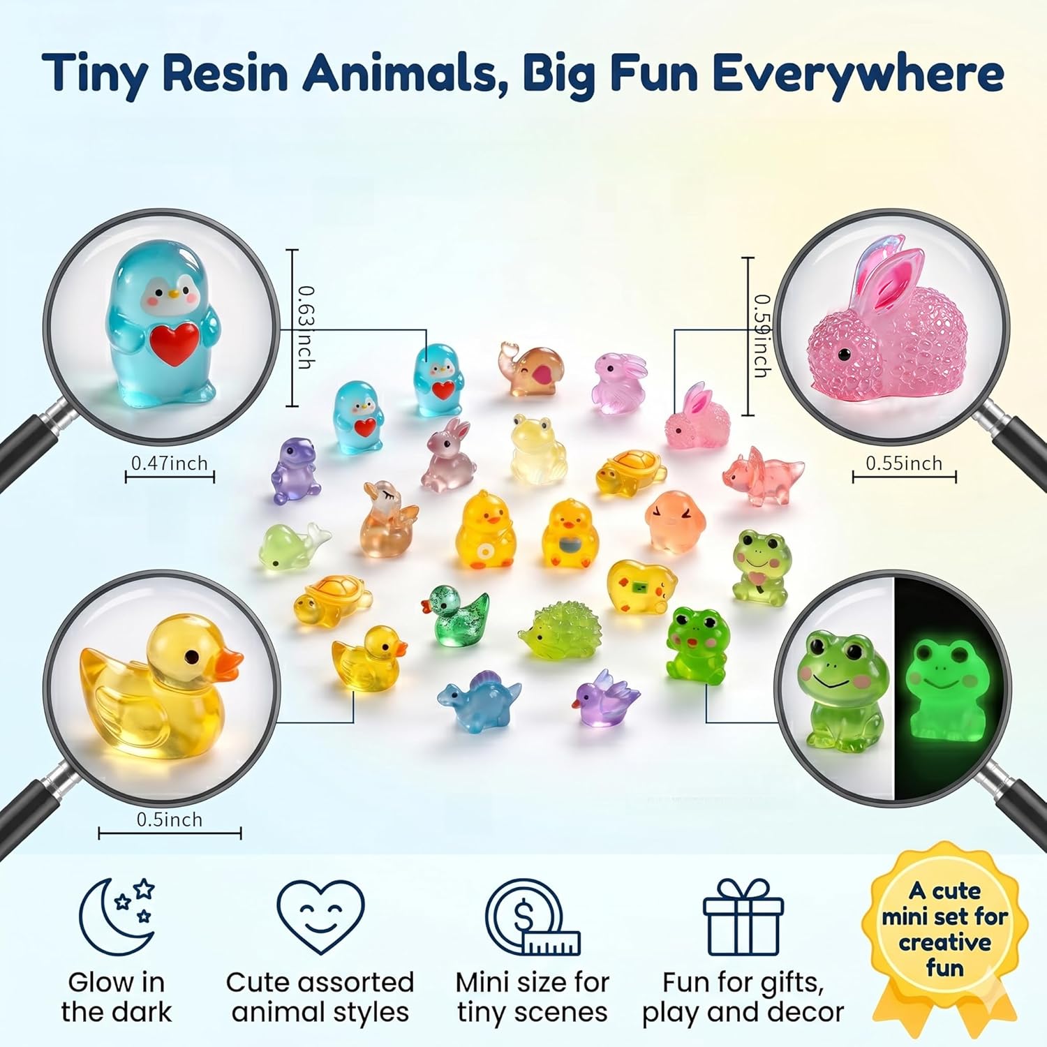 35Assorted Mini Resin Animals: 100Pcs Luminous Resin Figurines Variety Pack - Glow in the Dark Plastic Little Ducks Hedgehog Frog Rabbit Dinosaur for Fairy Garden Aquarium Fish Tank Décor