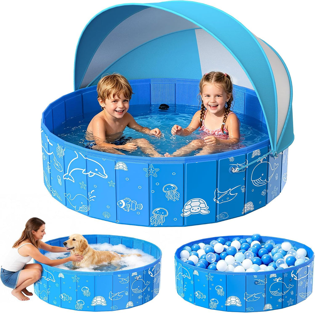 Kiddie Pool with Canopy, 48" Foldable Kids Baby Pool for Toddlers, Portable Small Swimming Pool Hard Plastic with Shade & Carry Bag for Beach Backyard Water Play