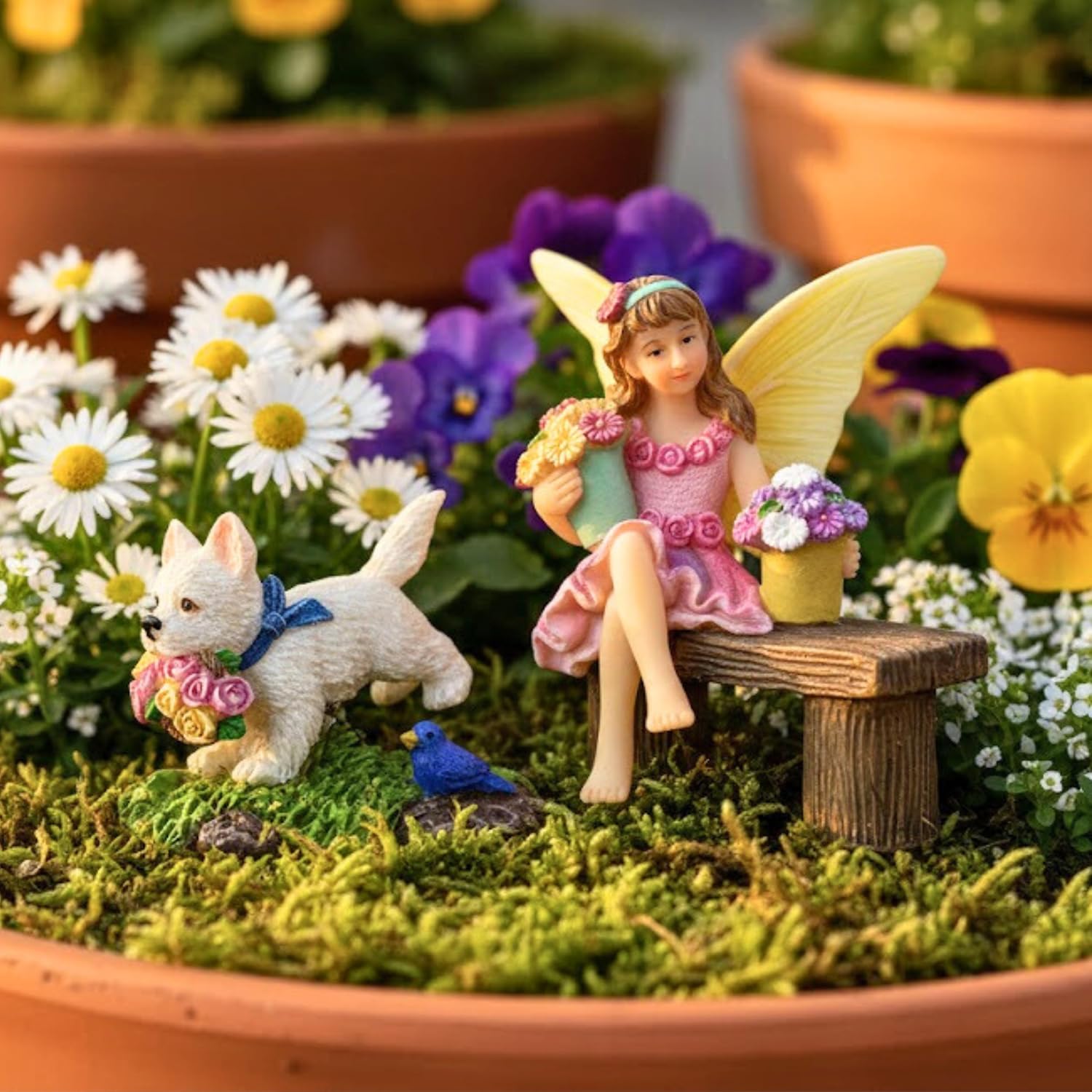 Fairies for Fairy Garden - 4 Piece Set with Tree Swing | Hand-painted resin; includes a puppy; indoor and outdoor use; miniature village ornaments and decor