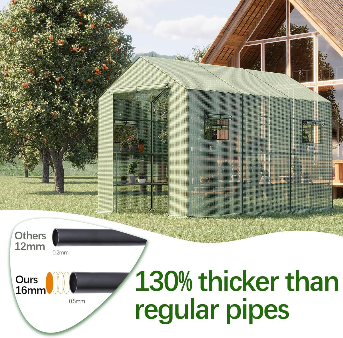 9.75 ft walk-in greenhouse, 18 shelves, waterproof cover shown in use