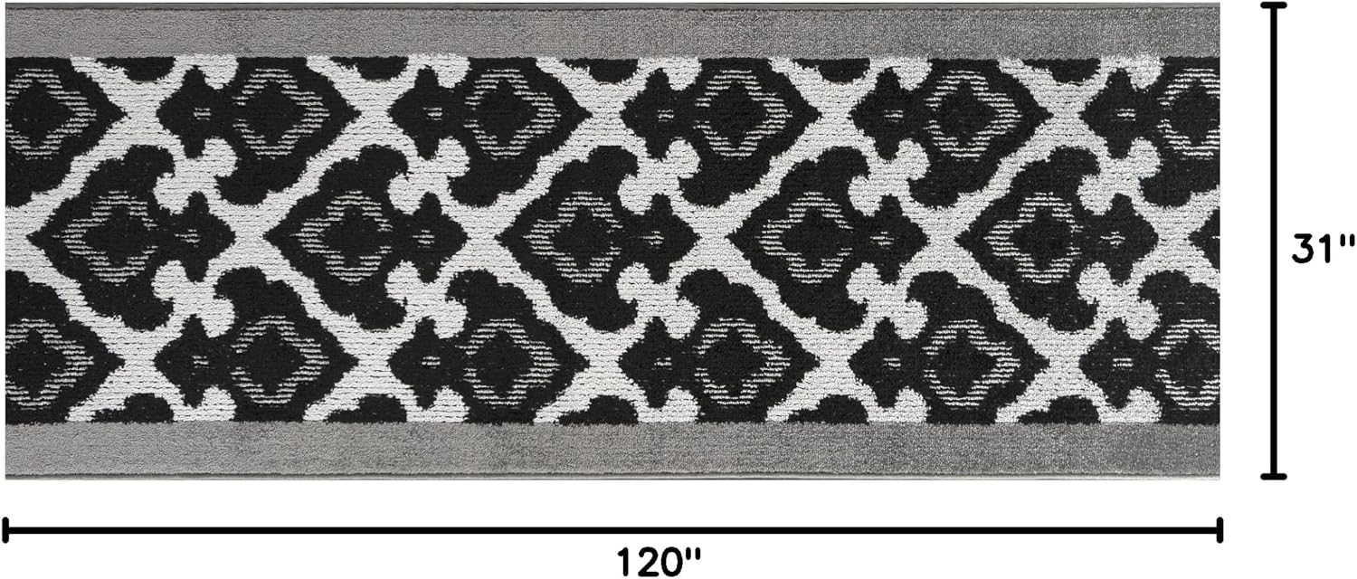 Custom Length Cut to Size Fleur de Lis Inspired Carpet Runner Rug for Hallways, Non Slip Rubber Backed, 31 inch Wide X Customized Length, Royal Grey, 31 inch X 10 feet