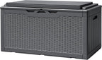 Devoko 100 Gallon Deck Box, Waterproof Resin Outdoor Storage Box with Cushion for Outside and Patio, Large Outdoor Storage Bench Cabinet Lockable for Patio Furniture and Garden Tools (Gray)