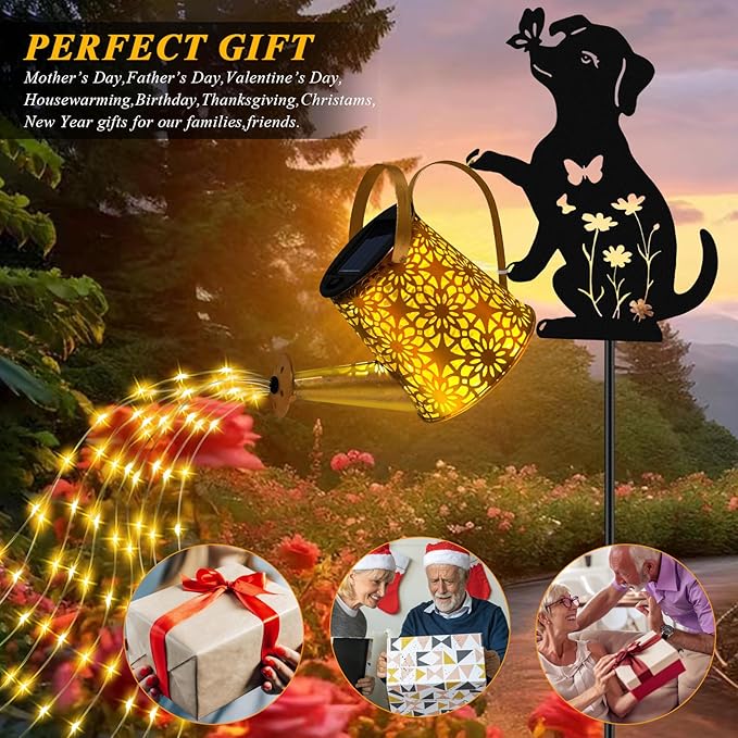 Solar Lights Outdoor Decorative, Watering Can with Cascading Lights, with Dog Silhouette Garden Stakes, Waterproof Metal Garden Decor 2 Pack