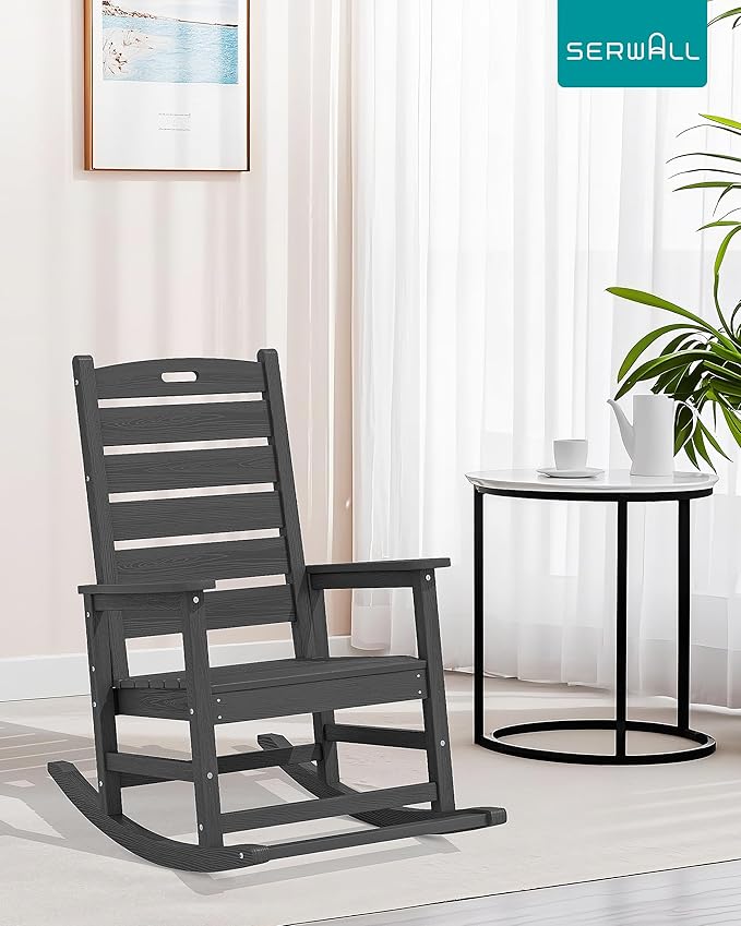 SERWALL Outdoor Rocking Chair Set of 2, Oversized Rocking Chair with Footboard for Adults, HDPE All Weather Resistant Rocking Chairs for Patio, 350lbs Weight Capacity, Gray