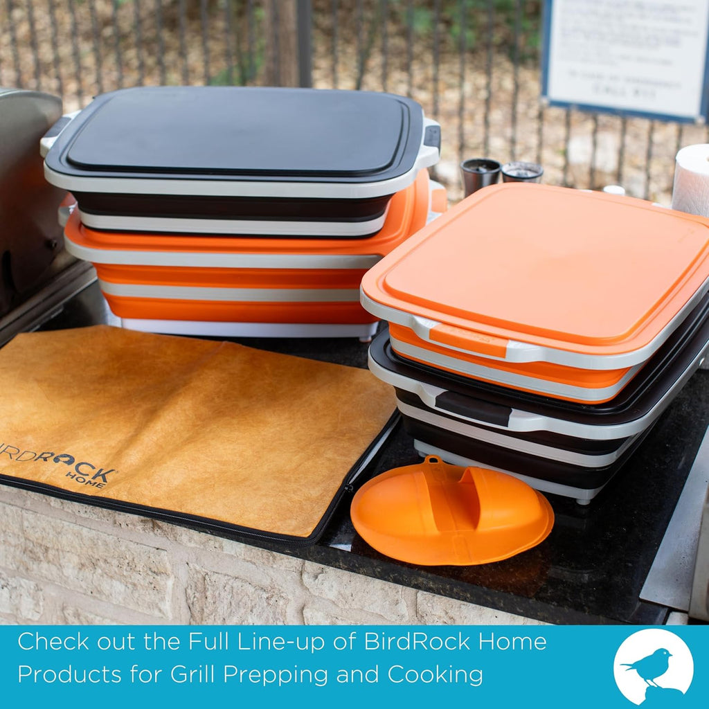 BIRDROCK HOME Collapsible XL BBQ Prep Tub w/Cutting Board, Multi-Function Grill Caddy w/Colander & Lid, Portable Silicone Dish Bowl for Picnic, Tailgate, Camping - Black | Grill Caddy Food Marinating Container with Lid and Meat Cutting Board - Portable
