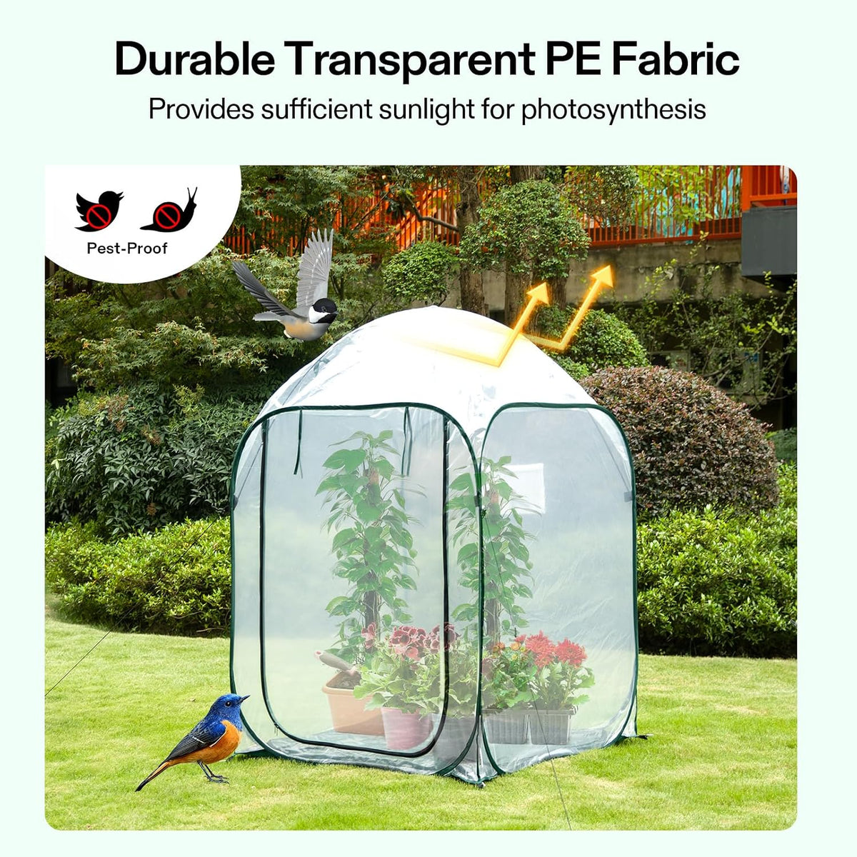 vivosun 39x39x63-inch portable walk-in greenhouse, with pvc cover, close-up detail