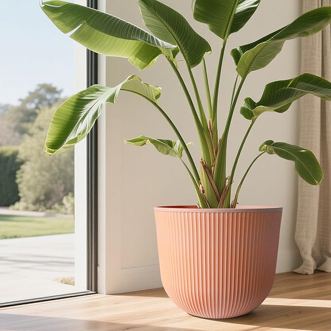 Worth Garden Round Large Planter Pot Set of 2, 17.5" Dia x 15.5" H - Durable Plastic Terracotta Plant Tree Pots with Vertical Stripe Textured Finish, Drainage Hole for Indoor Outdoor Front Porch Patio