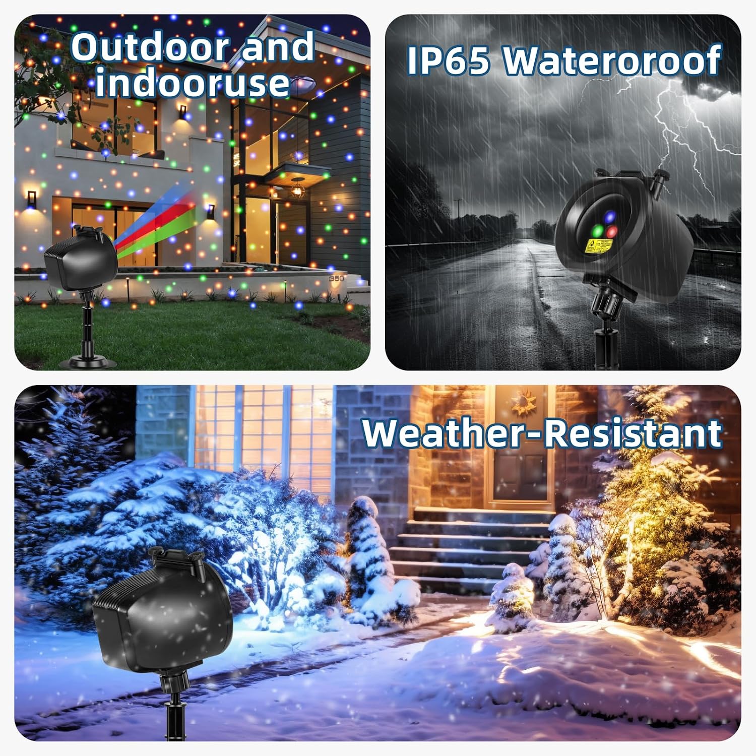 Outdoor Laser Projector Lights, RGB Firefly Light Show for Backyard Parties & Gatherings, IP65 Waterproof, 270° Adjustable, 10 Color Modes + 3 Changeable Holiday Cards(Halloween/Snowflake/Christmas)
