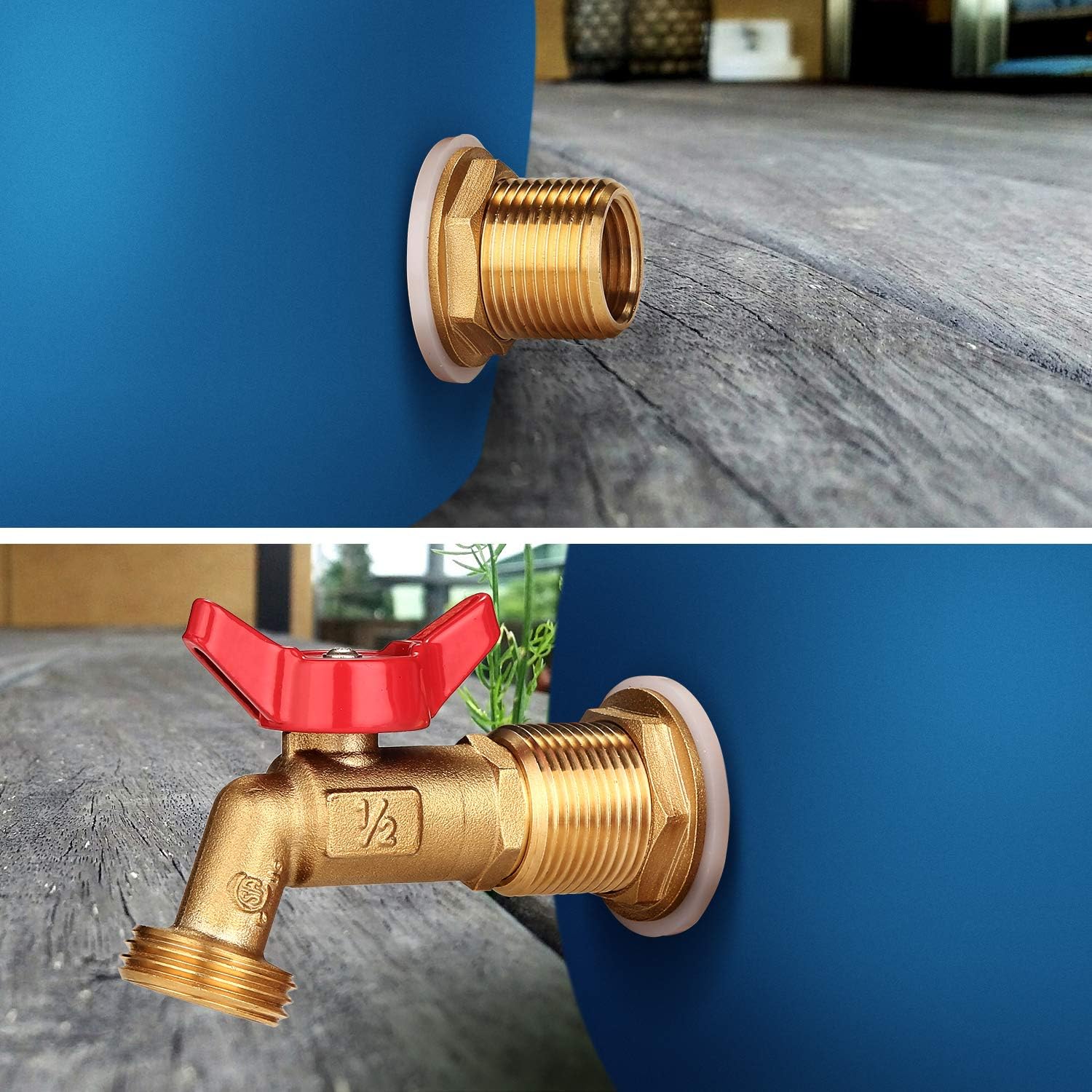 WADEO Rain Barrel Spigot, Brass Water Spigot with Bulkhead Fitting, Rain Water Faucet Kit with Thread Tape
