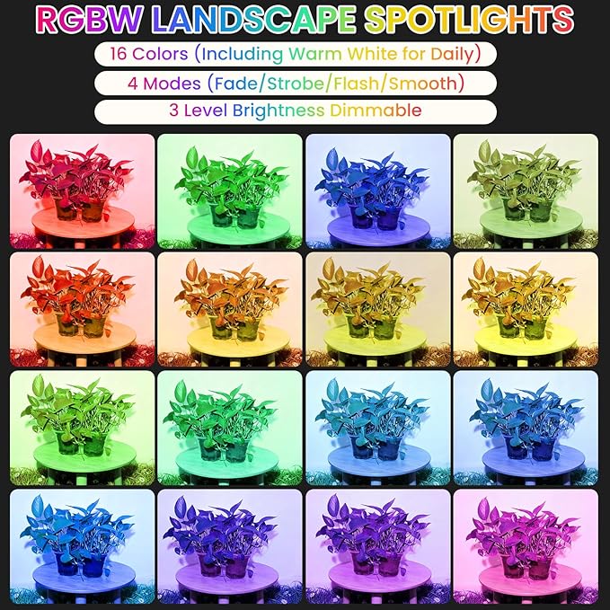 Halloween Christmas Spotlights Outdoor: RGBW Spot lights Plug in 120V Remote Control 16 Color Changing Waterproof LED Landscape Spotlights for Yard Garden Lawn Holiday Décor, 6 Pack (RGB + Warm Light)
