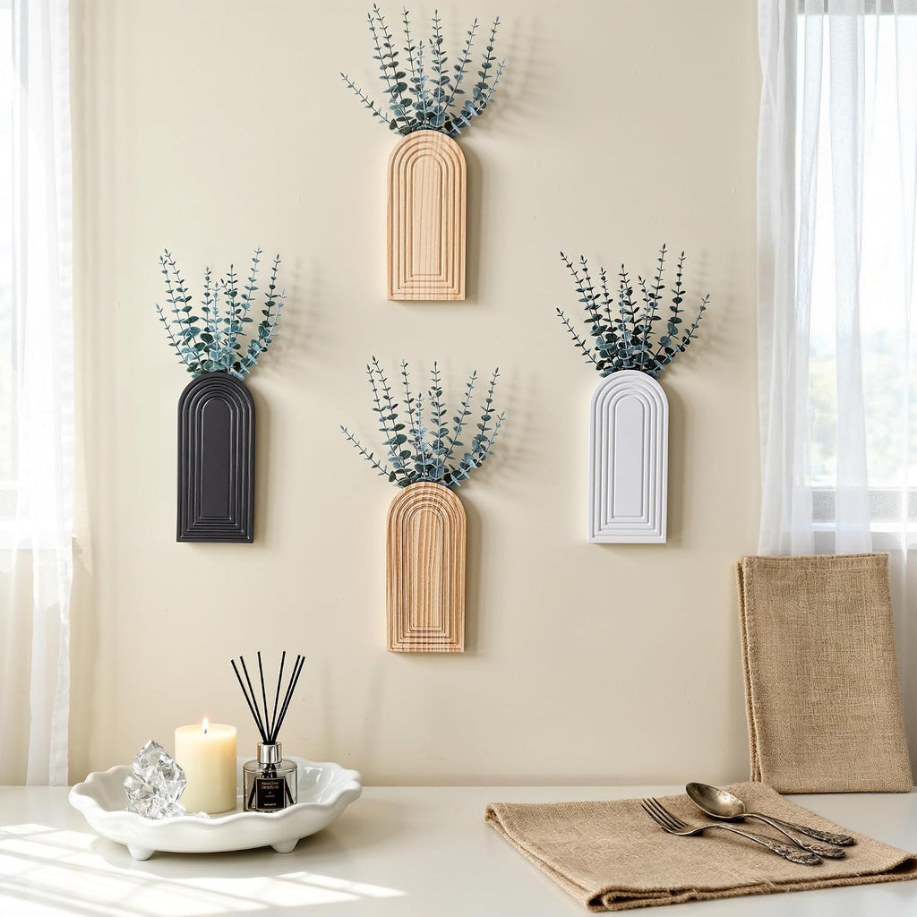 DREAMLOOM 2 Pack Wooden Wall Vases with Eucalyptus Artificial Plants, Wall Hanging Planters Boho Modern Farmhouse Indoor for Narrow Spaces Entryway Bathroom Home Office Decoration, Brown