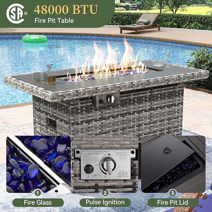 Aoxun 8 Piece Patio Furniture Set with 44'' Fire Pit Table Wicker Rattan Patio Conversation Set Outdoor Sectional Sofa Set with Coffee Table, Grey/Blue(Waterproof Cover Included)